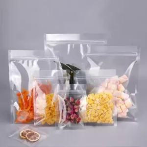 Custom Printed Clear Stand-Up Pouches - Food-Grade Transparent Plastic Packaging Bags with Resealable Zipper (1) Custom Printed Clear Stand-Up Pouches - Food-Grade Transparent Plastic Packaging Bags with Resealable Zipper & Bottom Gusset
