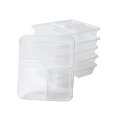Microwavable 3-Compartment Black PP Lunch Box with Anti-Leak Clear Lid for Meal Prep