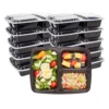 Microwavable 3-Compartment Black PP Lunch Box with Anti-Leak Clear Lid for Meal Prep