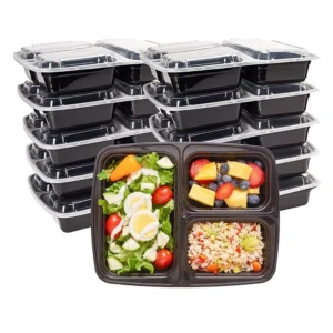 Microwavable 3-Compartment Black PP Lunch Box with Anti-Leak Clear Lid for Meal Prep