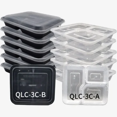 Microwavable 3-Compartment Black PP Lunch Box with Anti-Leak Clear Lid for Meal Prep