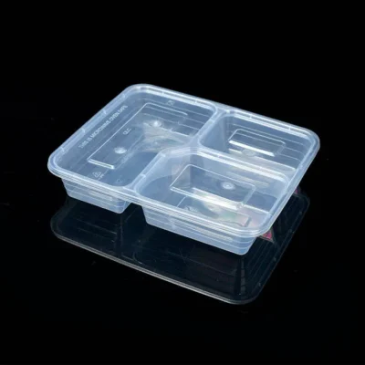 Microwavable 3-Compartment Black PP Lunch Box with Anti-Leak Clear Lid for Meal Prep